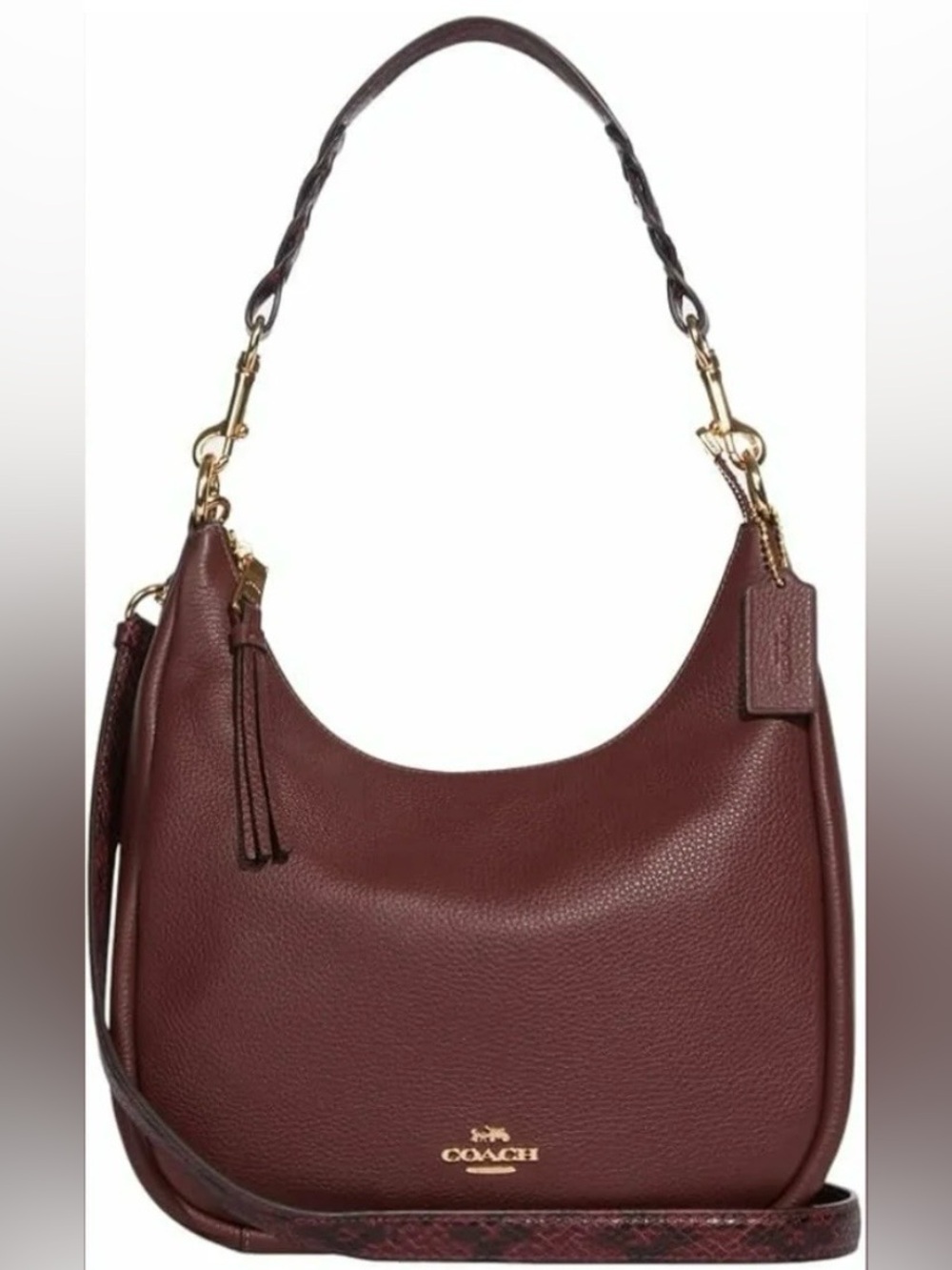 Coach Jules Hobo Burgundy Pebbled Leather Hobo Bag with Snake Embossed Trim